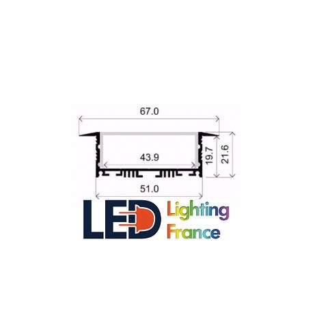 Profilé Alu Blanc encastrable intérieur 44mm Haut 20mm diffuseur opal 2m